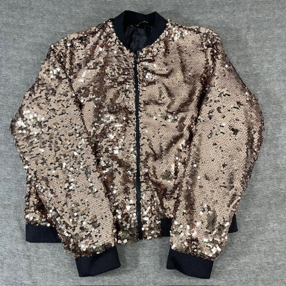 NWOT Gold Sequin Zip Up Bomber Jacket Glam Bling Party XL Project Runway Pockets - Picture 1 of 7